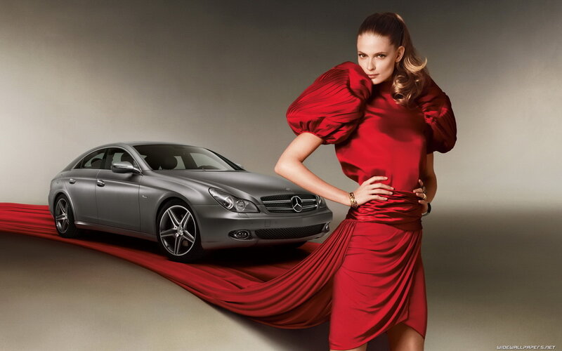 Woman in red dress with Mercedes-Benz
