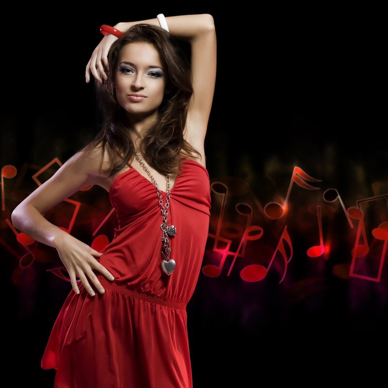 woman in red dress with music notes