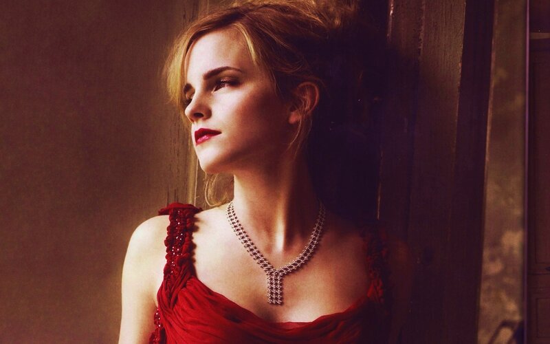 woman in red dress with necklace