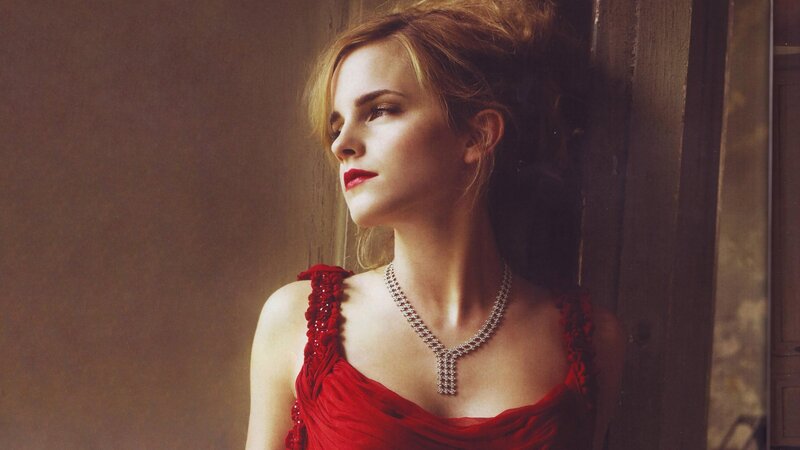 woman in red dress with necklace