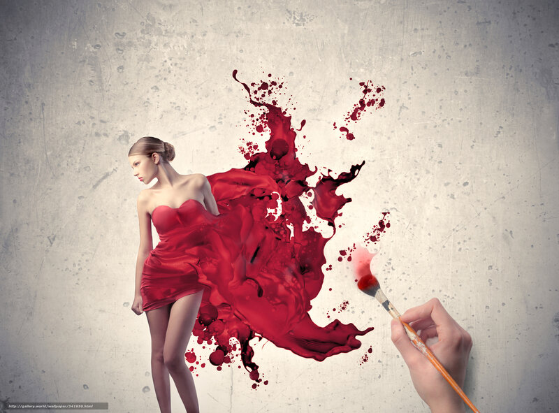 woman in red dress with paint splatter