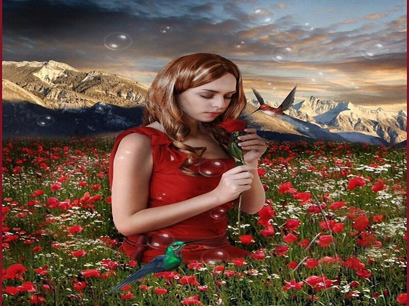 Woman in red dress with poppies