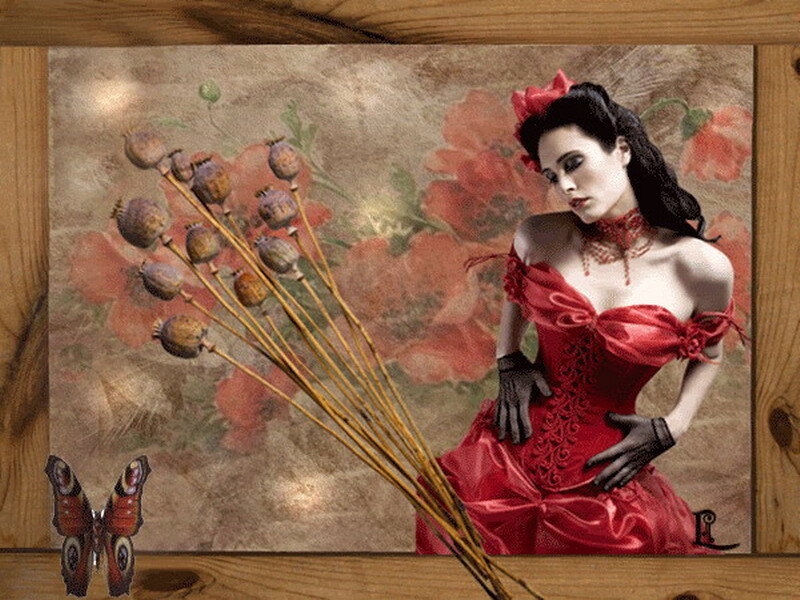 woman in red dress with poppy stems