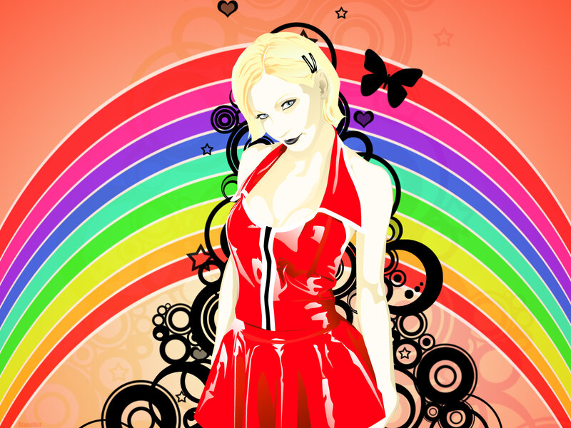 woman in red dress with rainbow