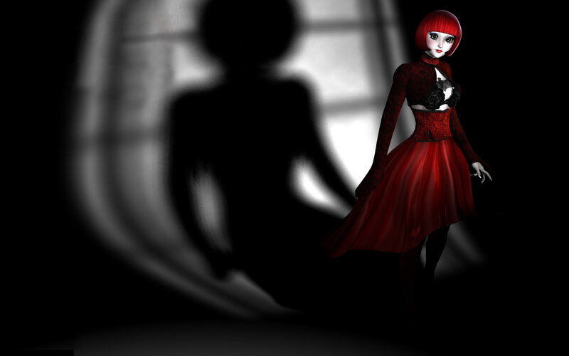 woman in red dress with shadow
