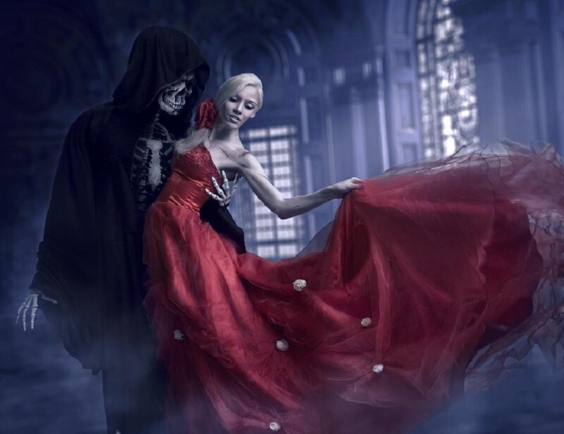 Woman in Red Dress with Skeleton
