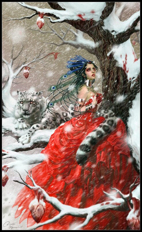 Woman in red dress with snow leopard