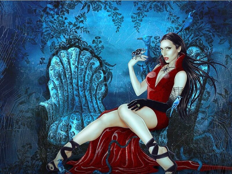 woman in red dress with spider