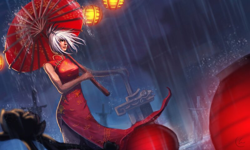 Woman in red dress with umbrella