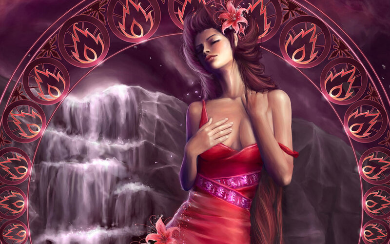 woman in red dress with waterfall