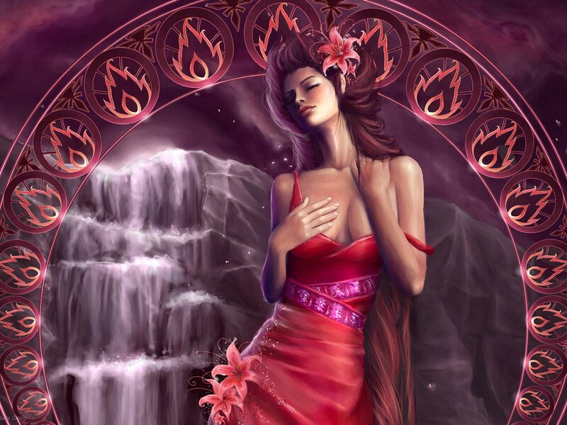 woman in red dress with waterfall