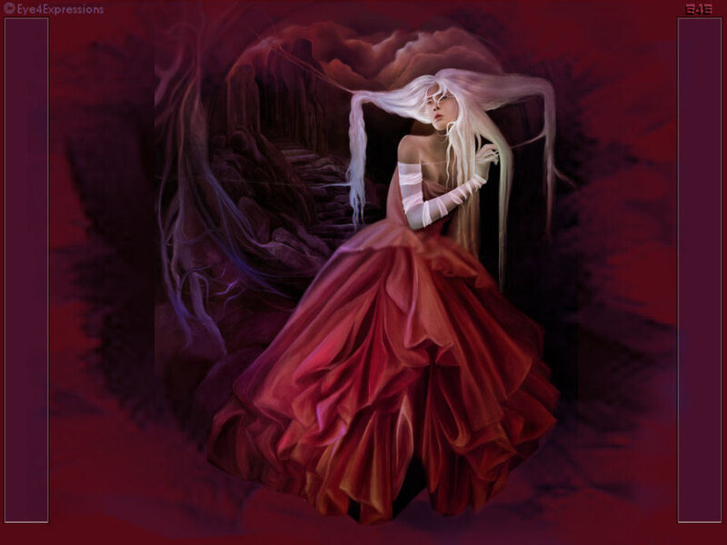 woman in red dress with white hair