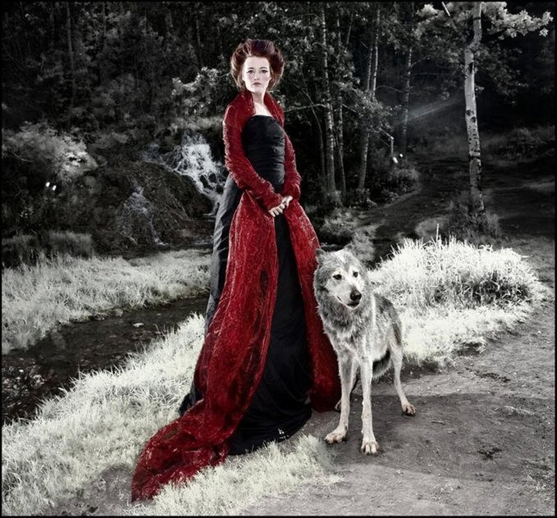 Woman in Red Dress with Wolf — Dramatic, Night