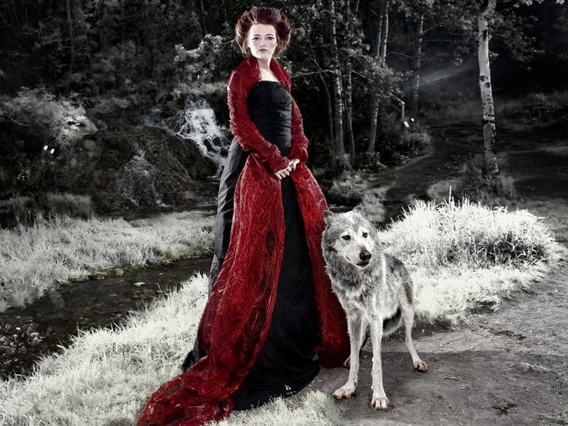 Woman in Red Dress with Wolf — Dramatic
