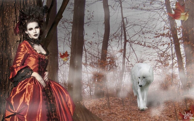Woman in Red Dress with Wolf