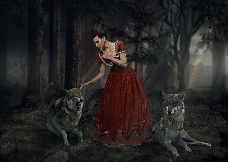 Woman in Red Dress with Wolves — Dramatic, Night