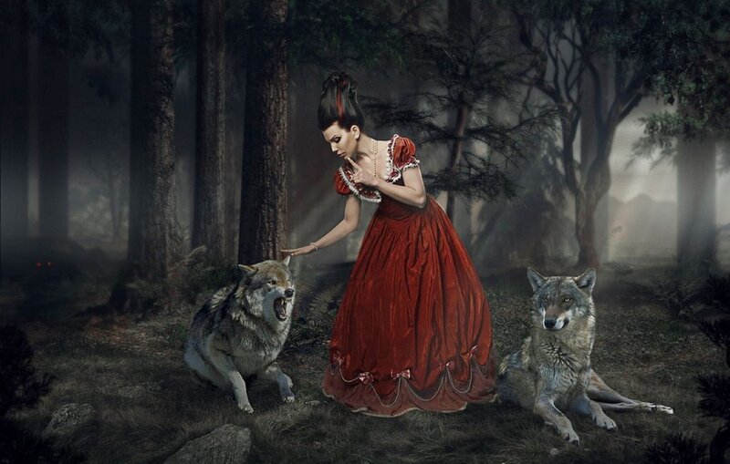 Woman in Red Dress with Wolves — Dramatic