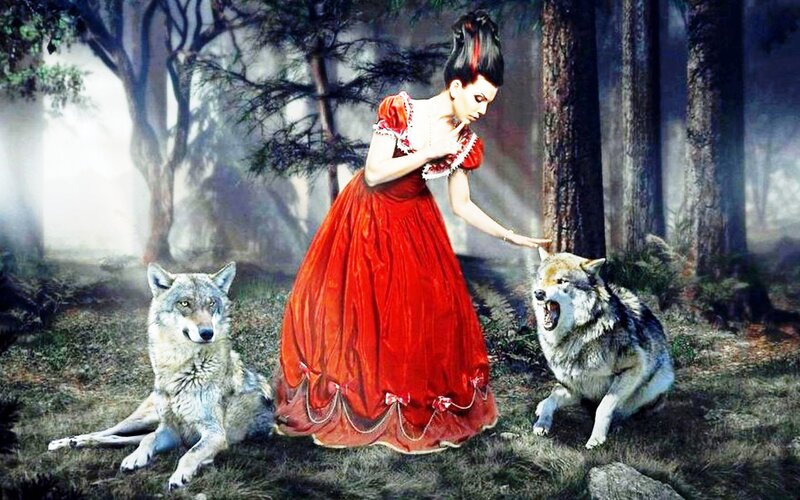 Woman in Red Dress with Wolves