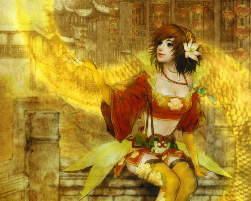 Woman in Red Dress — Yellow, Dramatic, Night, Digital Art