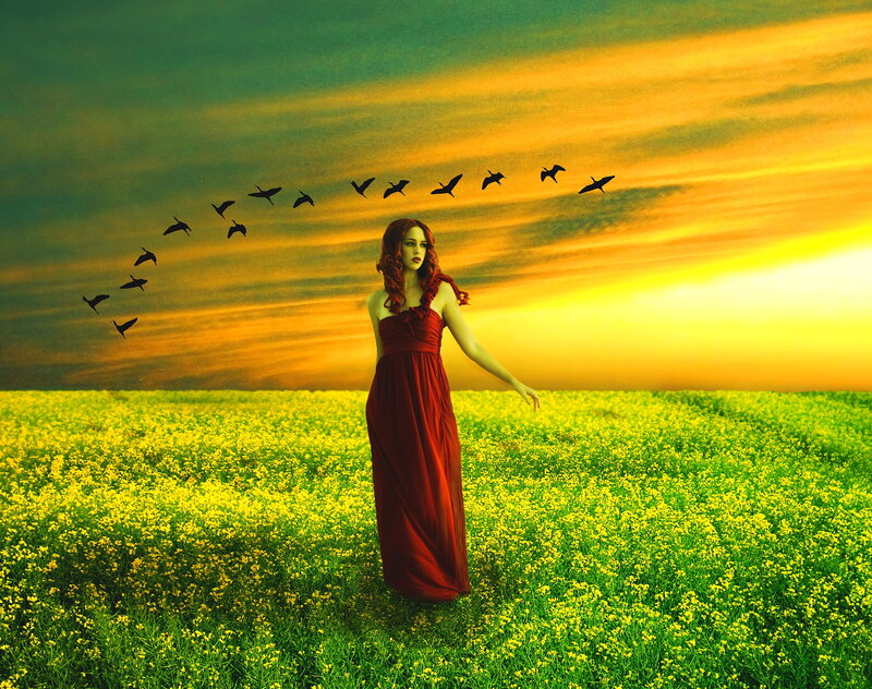 Woman in Red Dress — Yellow, Dramatic, Sunset
