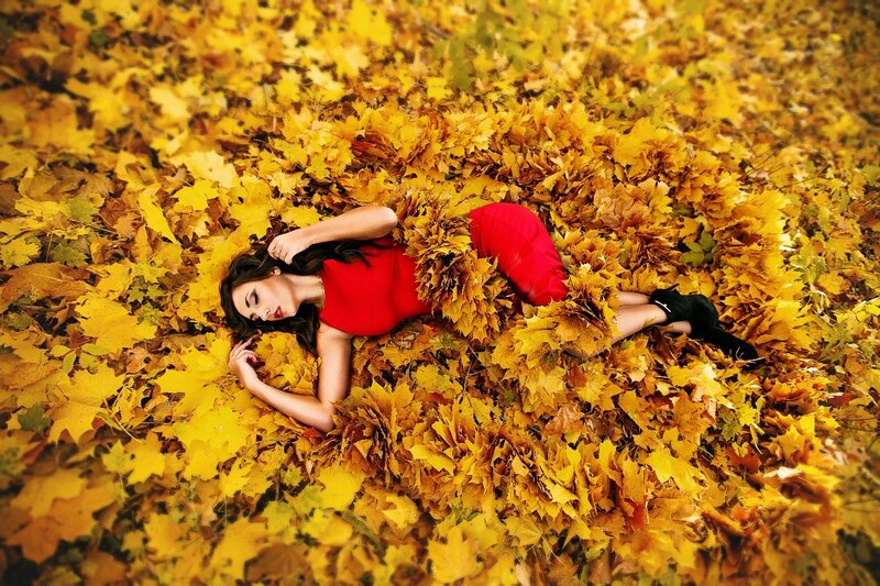 Woman in Red Dress — Yellow, Serene, Autumn
