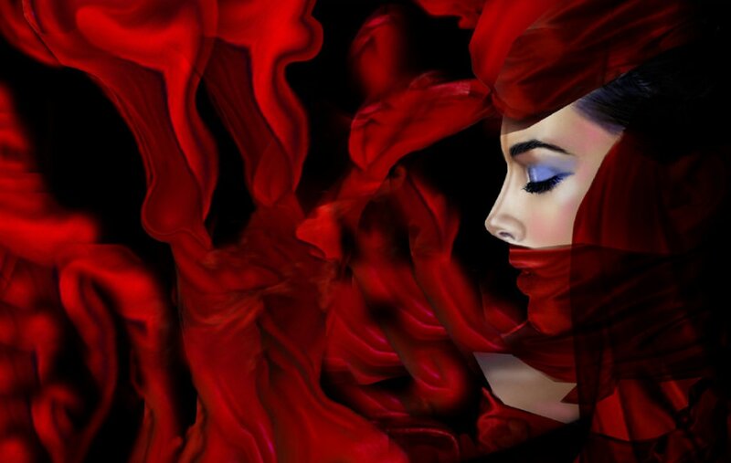 Woman in Red Fabric — Dramatic, Digital Art, Face