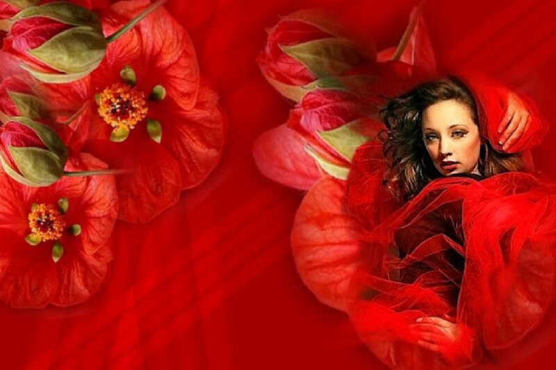Woman in Red Fabric — Dramatic, Digital Art, Flowers