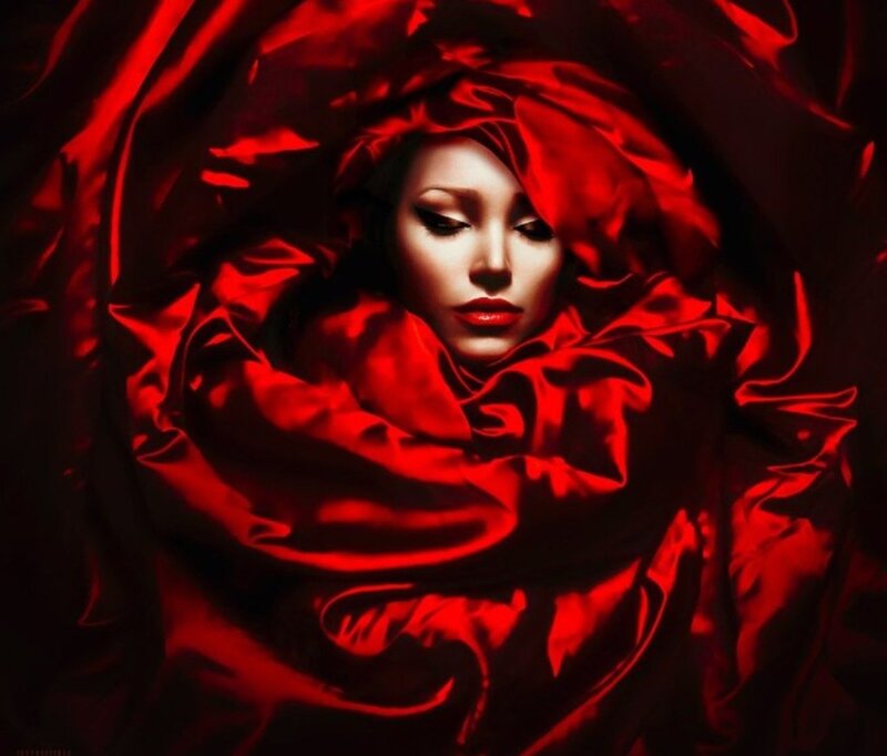 Woman in Red Fabric — Dramatic, Digital Art, Makeup