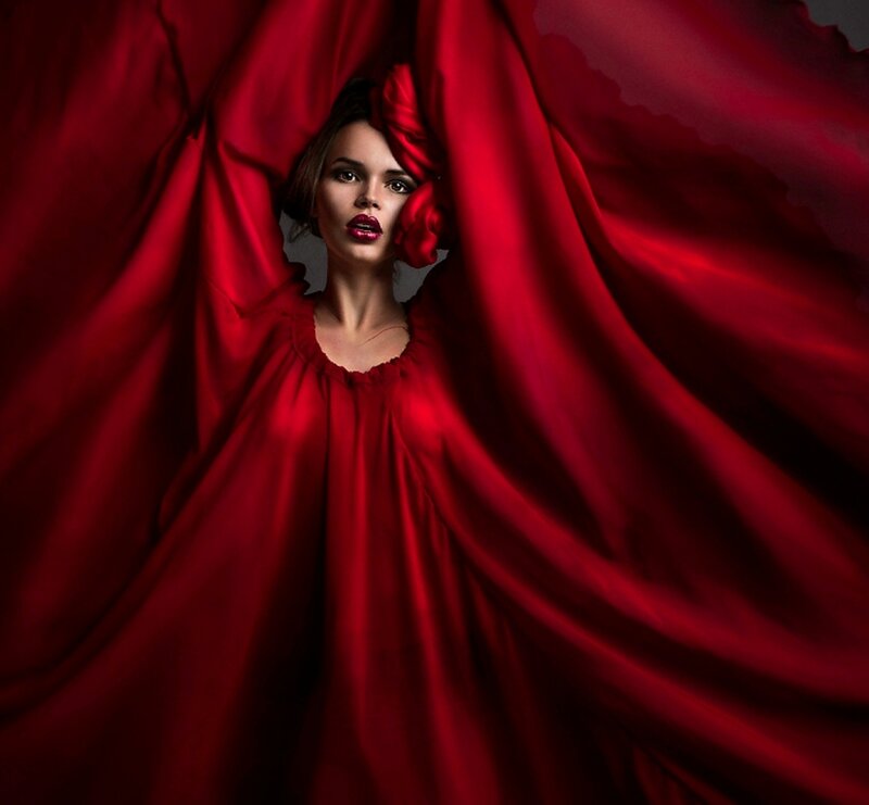 Woman in Red Fabric — Dramatic, Photograph, Lipstick