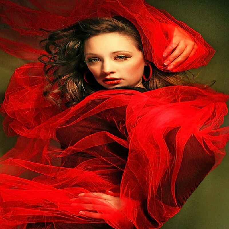 Woman in Red Fabric — Dramatic, Photograph