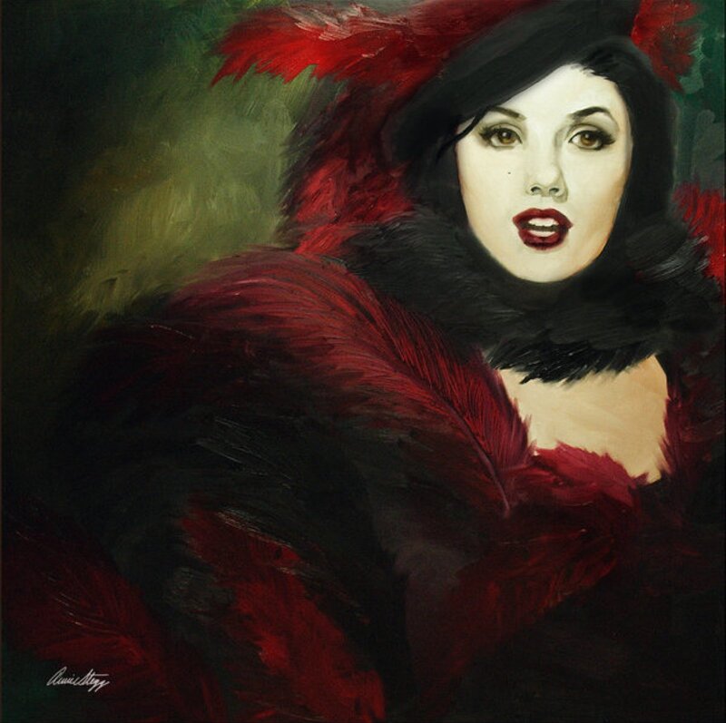 Woman in Red Feather Coat — Dramatic