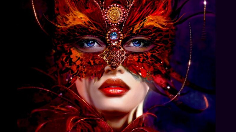 woman in red feather mask