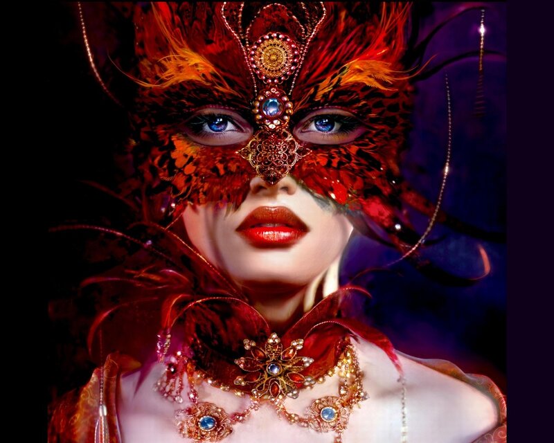 woman in red feather mask