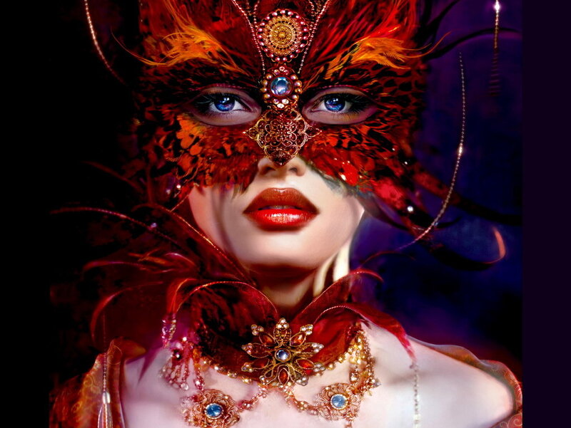 woman in red feather mask