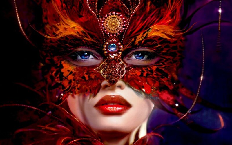 woman in red feather mask