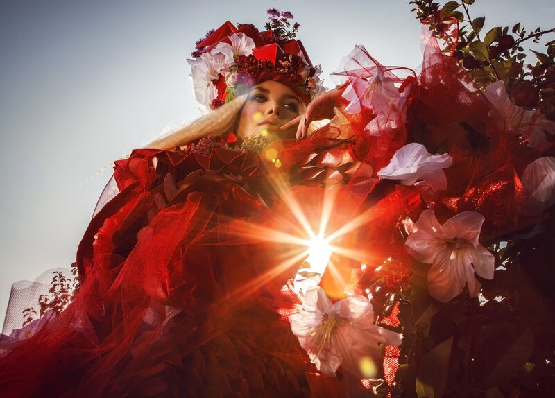 Woman in Red Floral Costume