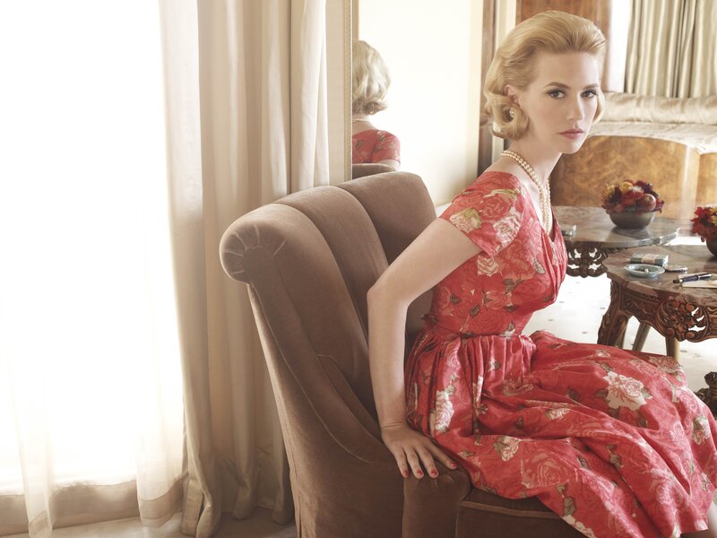 woman in red floral dress