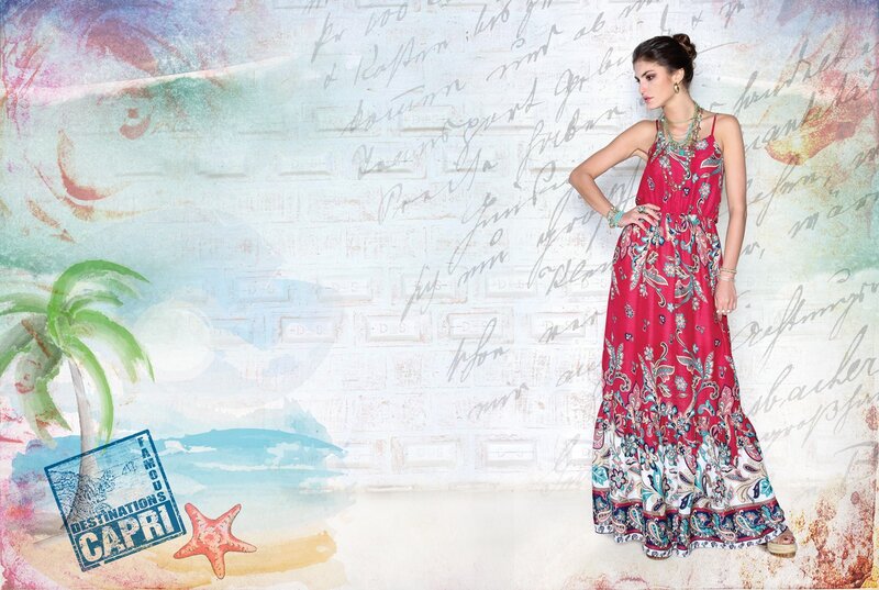 Woman in red floral dress on beach scene