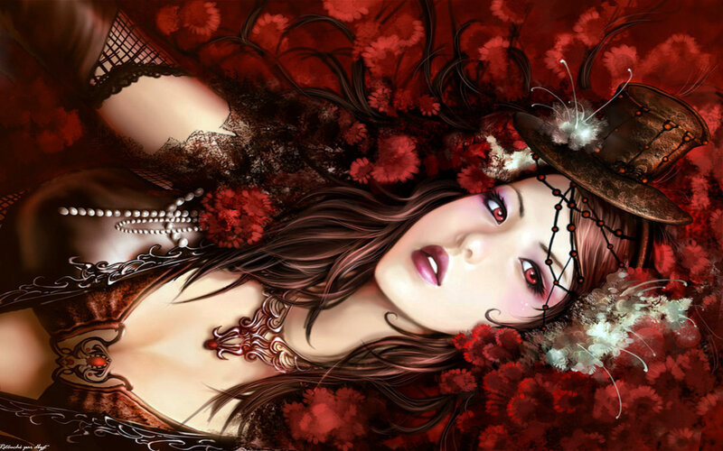 woman in red floral scene