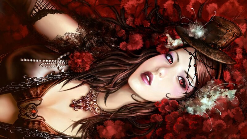 Woman in Red Flowers — Dramatic, Digital Art, Hat