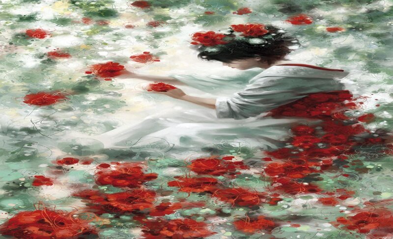 Woman in Red Flowers — Serene