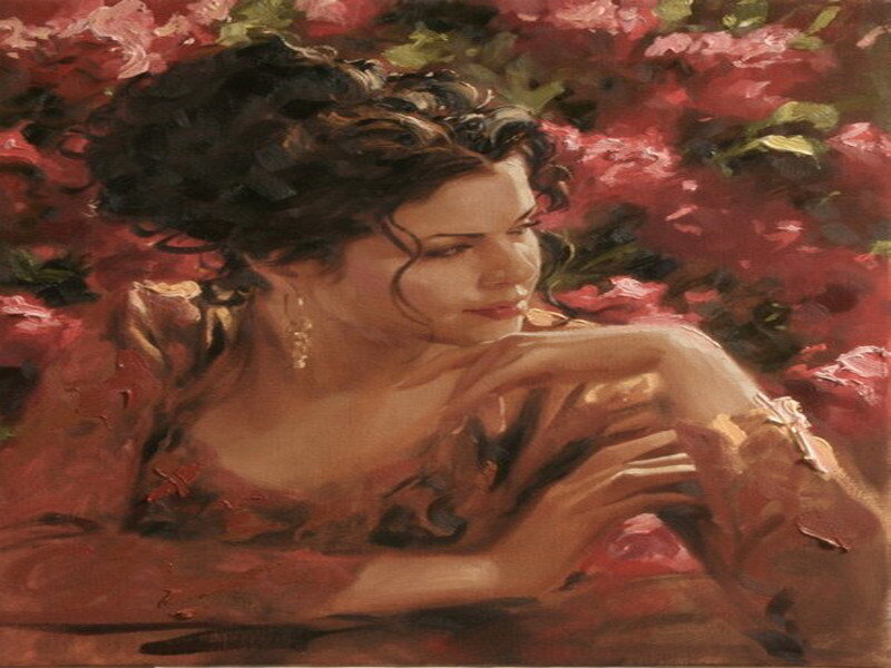 woman in red flowers
