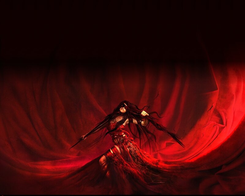 woman in red flowing dress