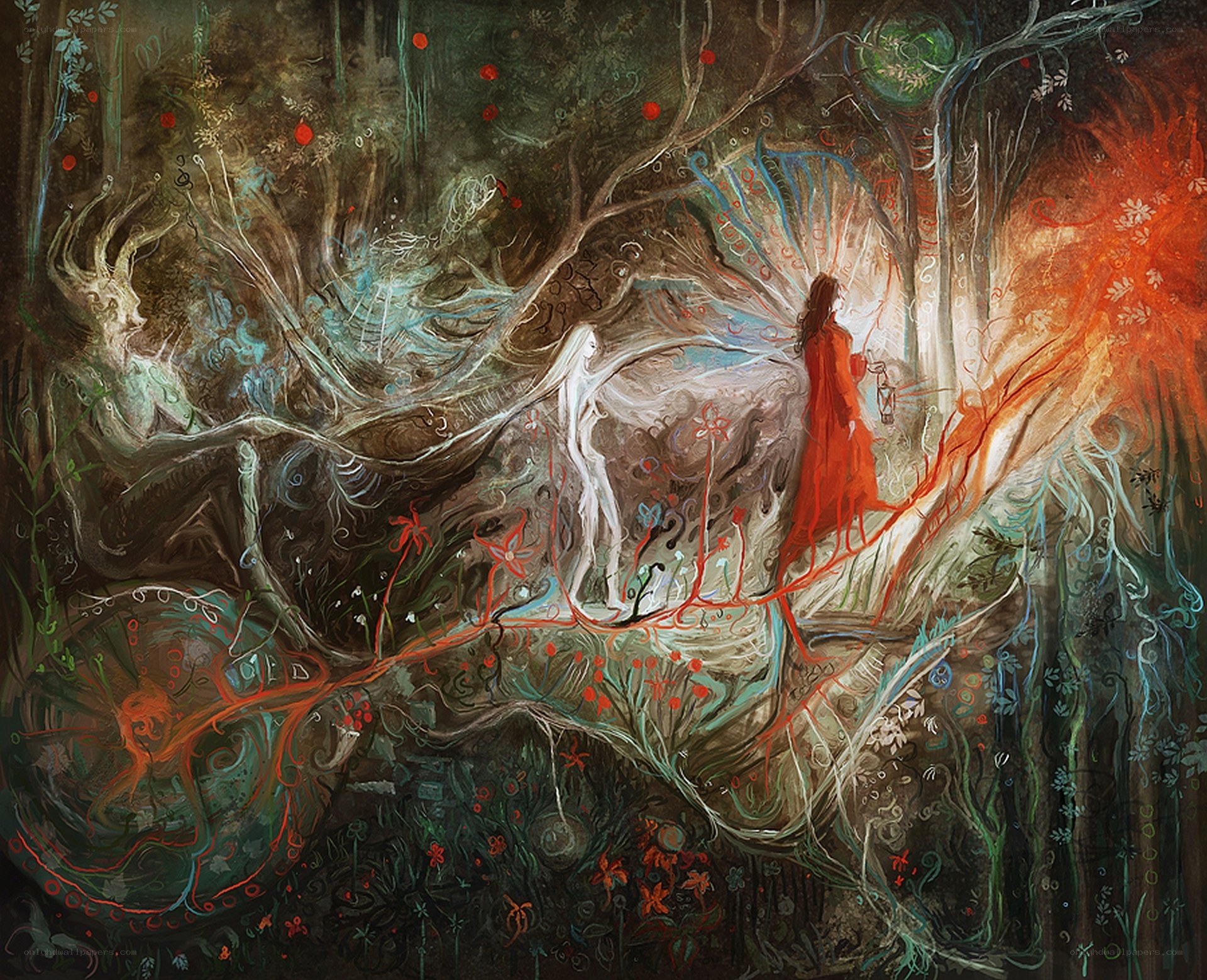 woman in red forest