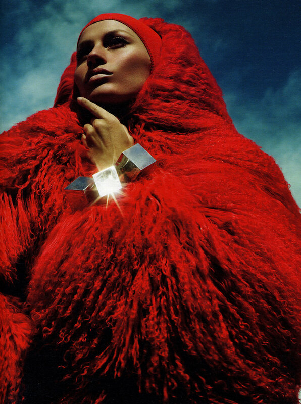 woman in red fur coat