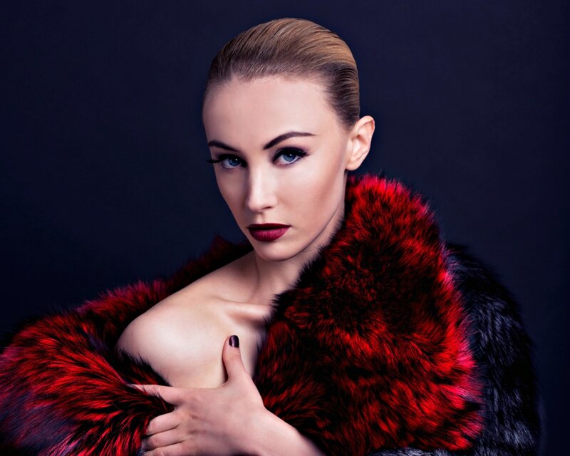Woman in Red Fur Coat — Dramatic, Photograph, Fur Coat