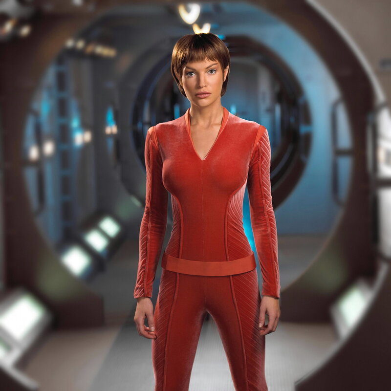 woman in red futuristic suit