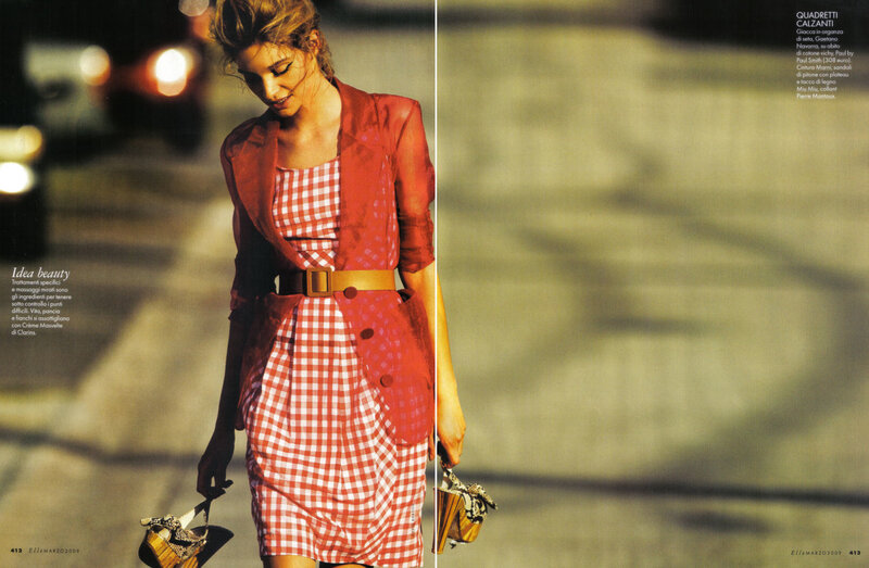 woman in red gingham dress
