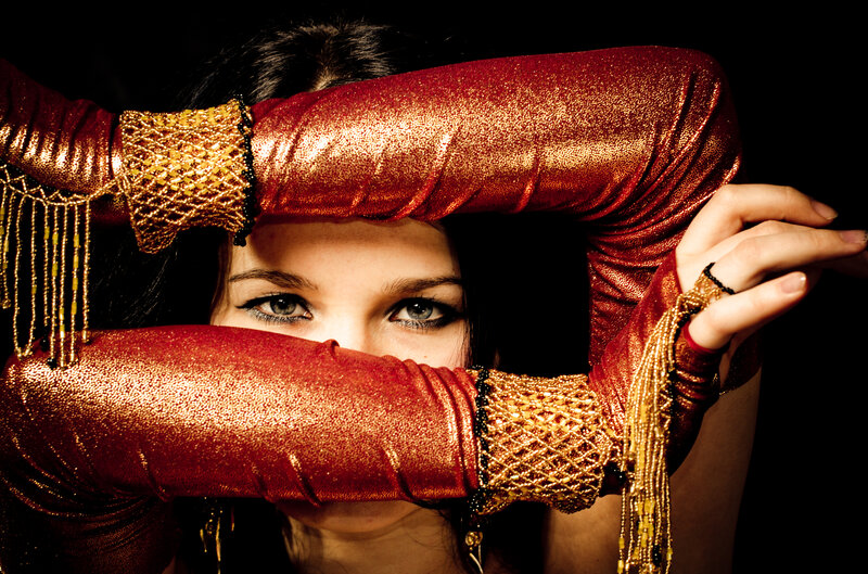 Woman in Red Gloves — Dramatic, Photograph, Eyes