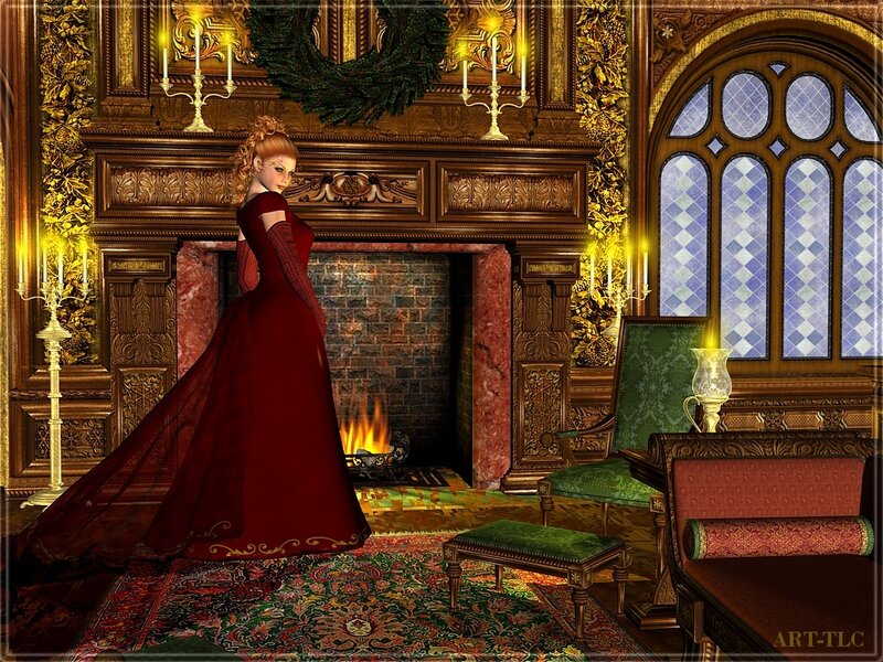 woman in red gown by fireplace